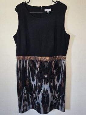 Calvin Klein Black and Bronze Patterned Midi Sheath Dress Size 16 Color Block
